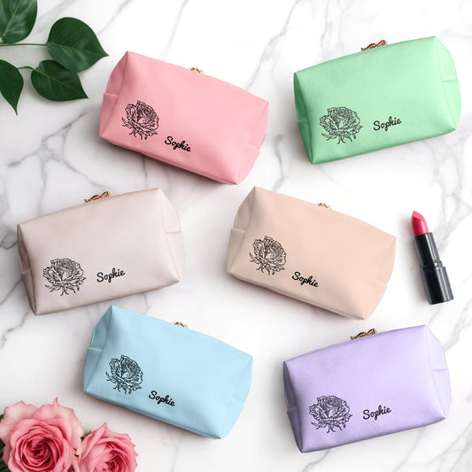 Personalized Birth Flower Makeup Bag Large Capacity Leather Cosmetic Bag Gift for Her