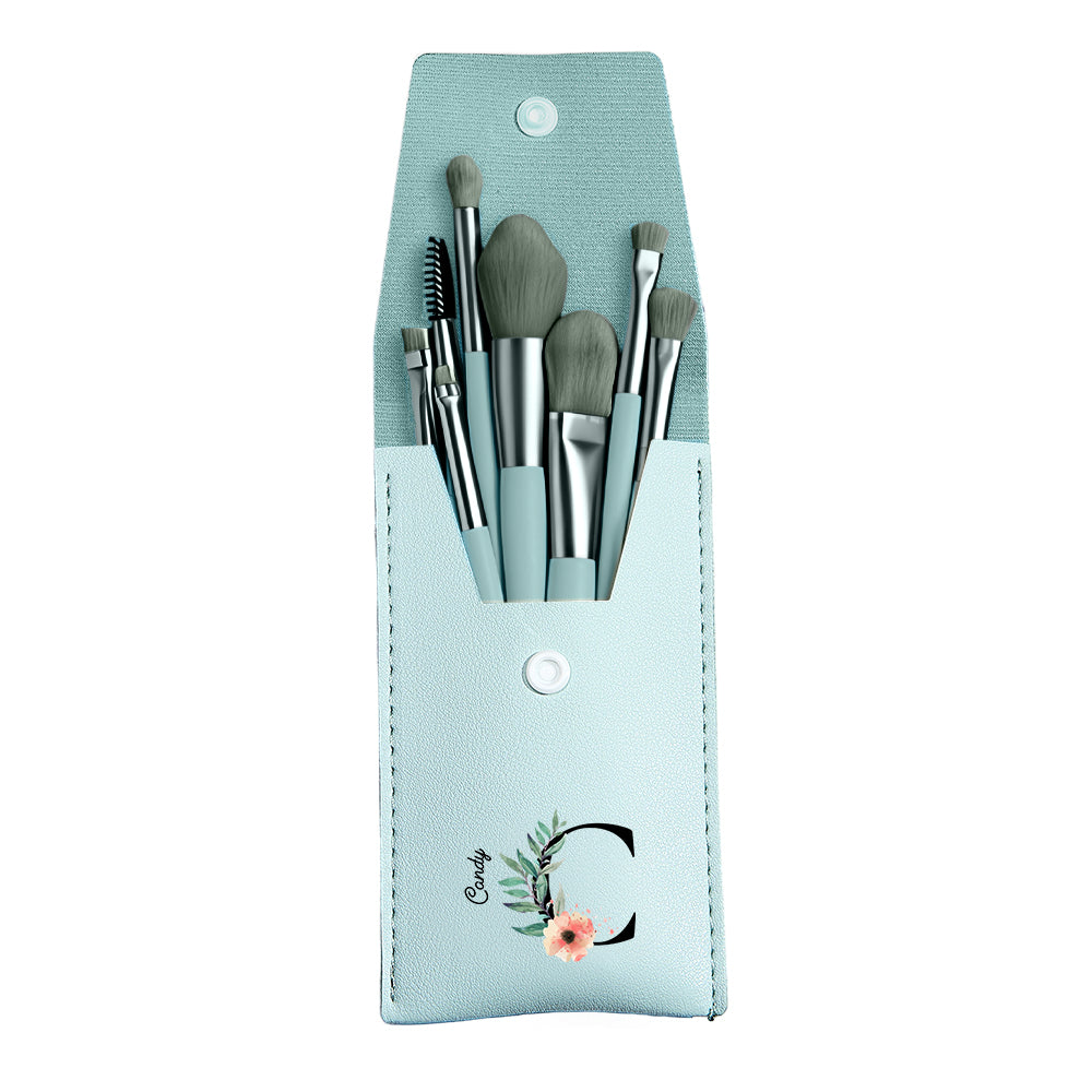 Personalized Flower PU Leather Makeup Brush Bag with 8 Pcs Makeup Brushes Gift for Her