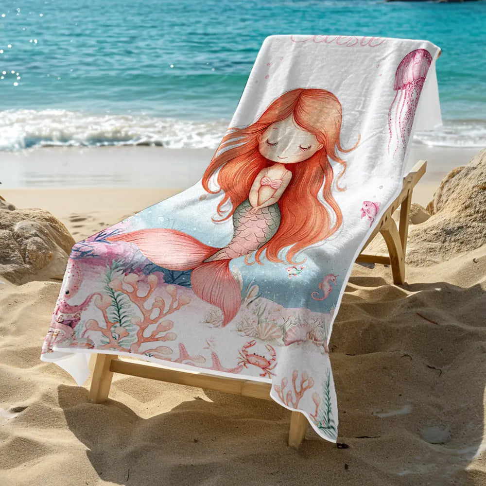 Personalized Cute Mermaid Beach Towel with Name Beach Vacation Accessories Gift for Girl