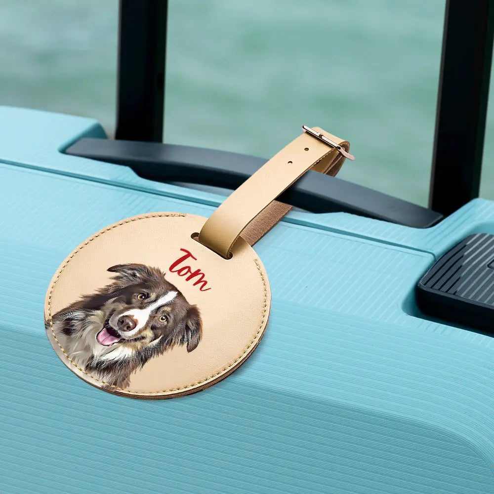 Personalized Pet Portrait Round Luggage Tag with Name Gift for Pet Lover