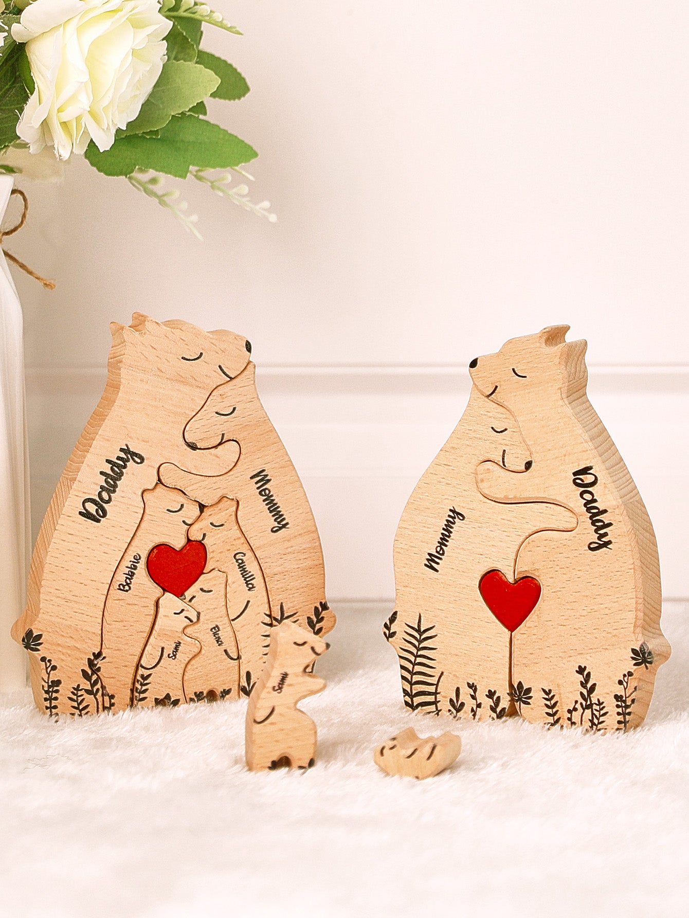 Custom Name Wooden Heart Bear Puzzle – Personalized Family Gift