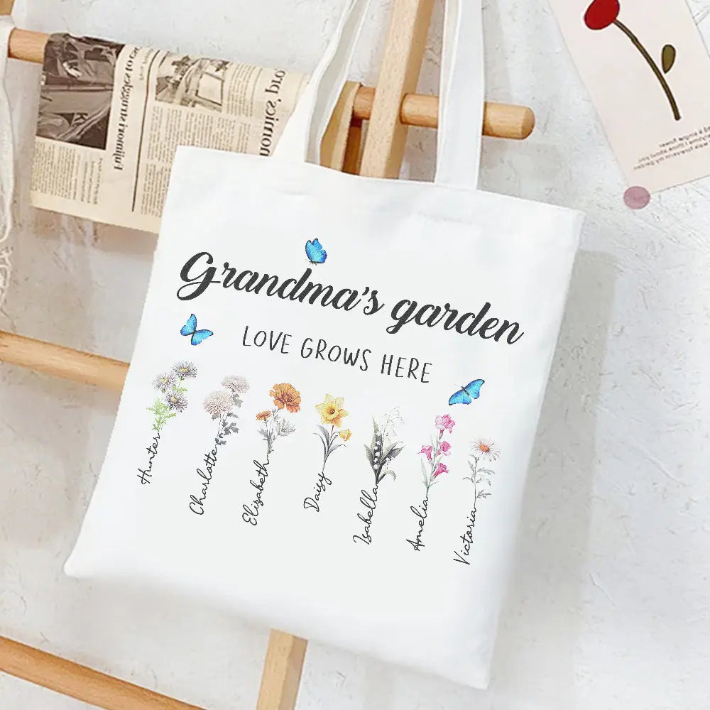 Personalized Birth Month Flowers Grandma's Garden Tote Bag Mom's Garden Tote Bag With Kids Names Gift For Grandma