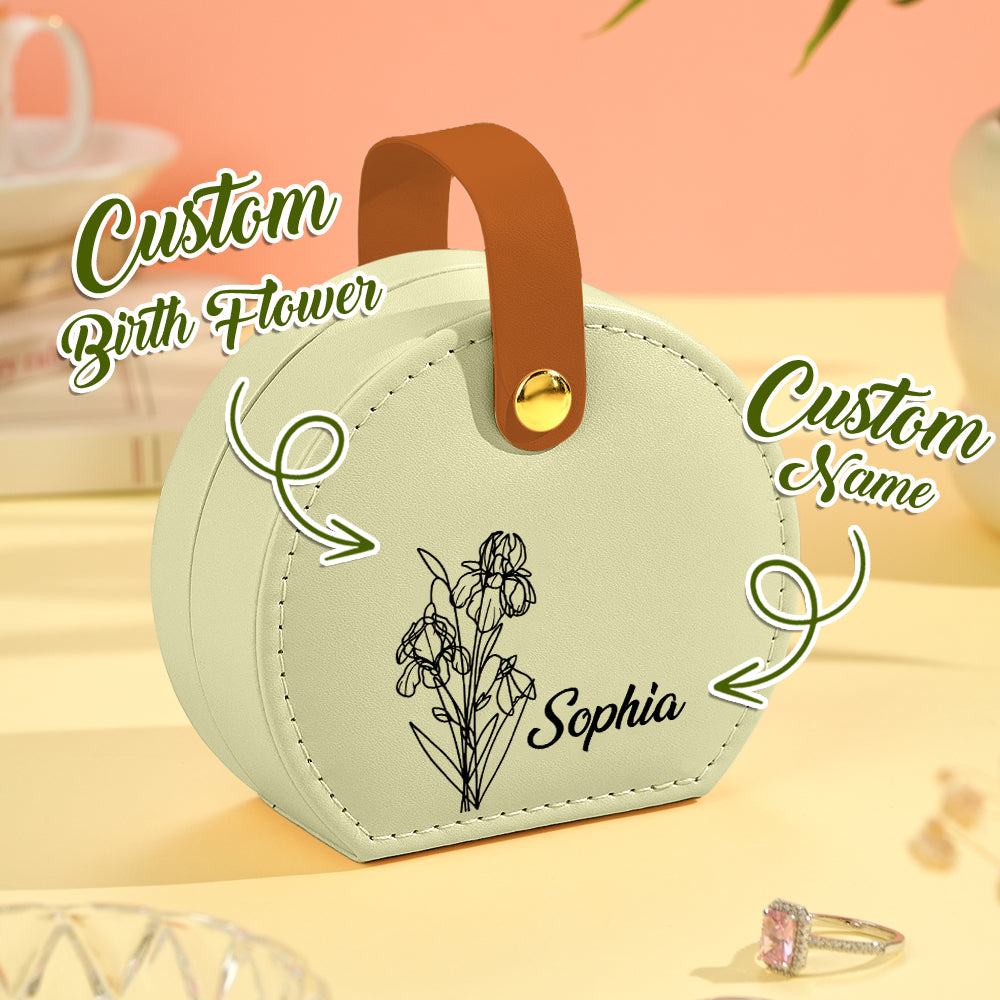 Personalized Birth Flower PU Leather Jewelry Box with Name Jewelry Box Gift for Her