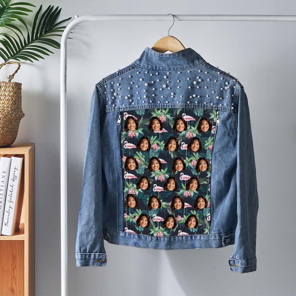 Personalized Jean Jacket with Pearl Custom Face Leaf Printing Denim Jacket Funny Gift for Her