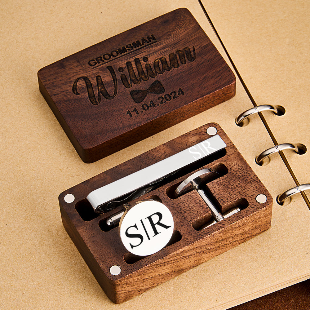 Personalized Engraved Tie Clip and Cufflinks Set with Wooden Box Wedding Gift for Men Groomsmen