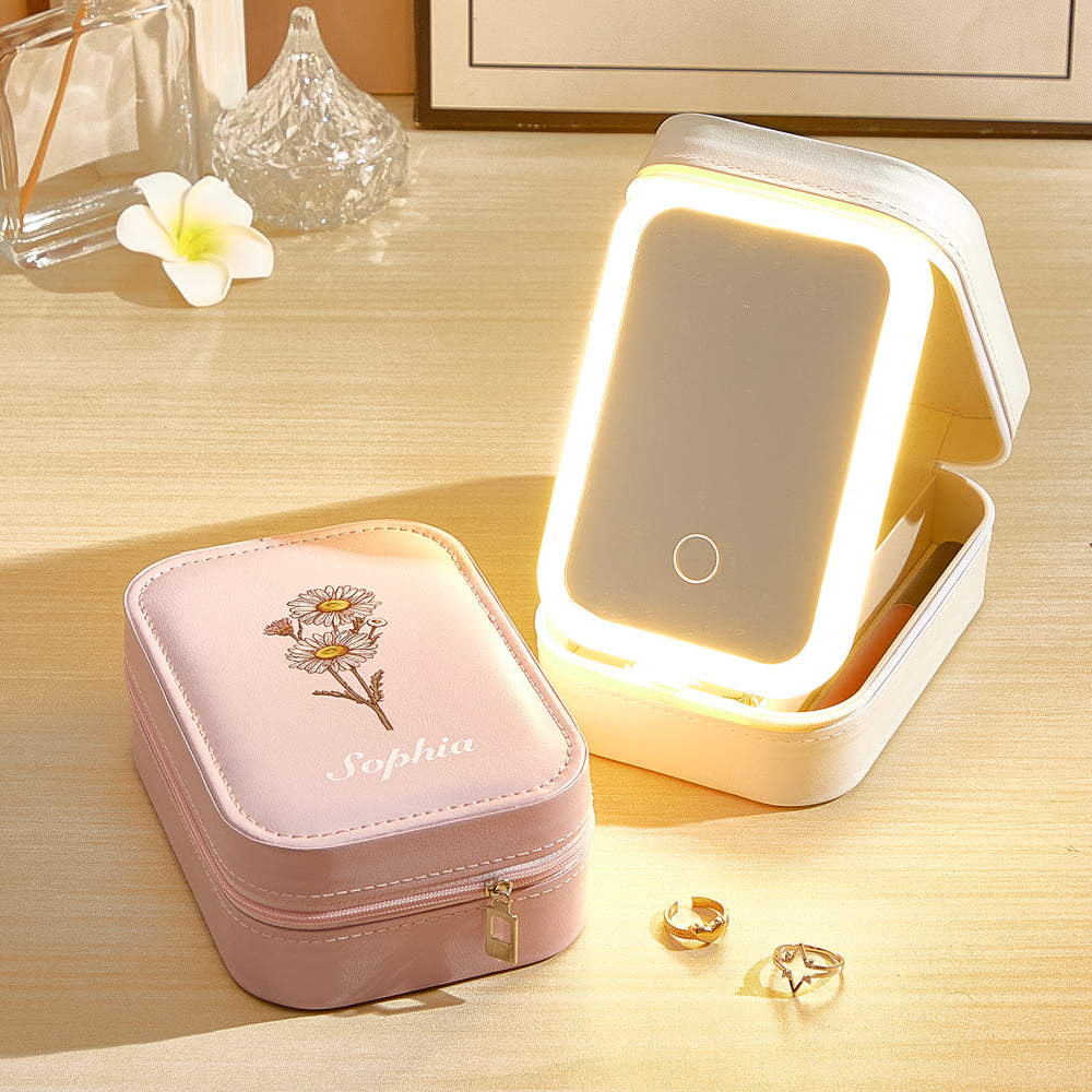 Personalized Birth Flower PU Leather Jewelry Box with LED Makeup Mirror Birthday Gift for Her