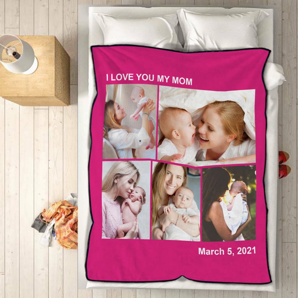 Personalised 5 Photos Fleece Blankets Custom Text Throw Couples Blanket