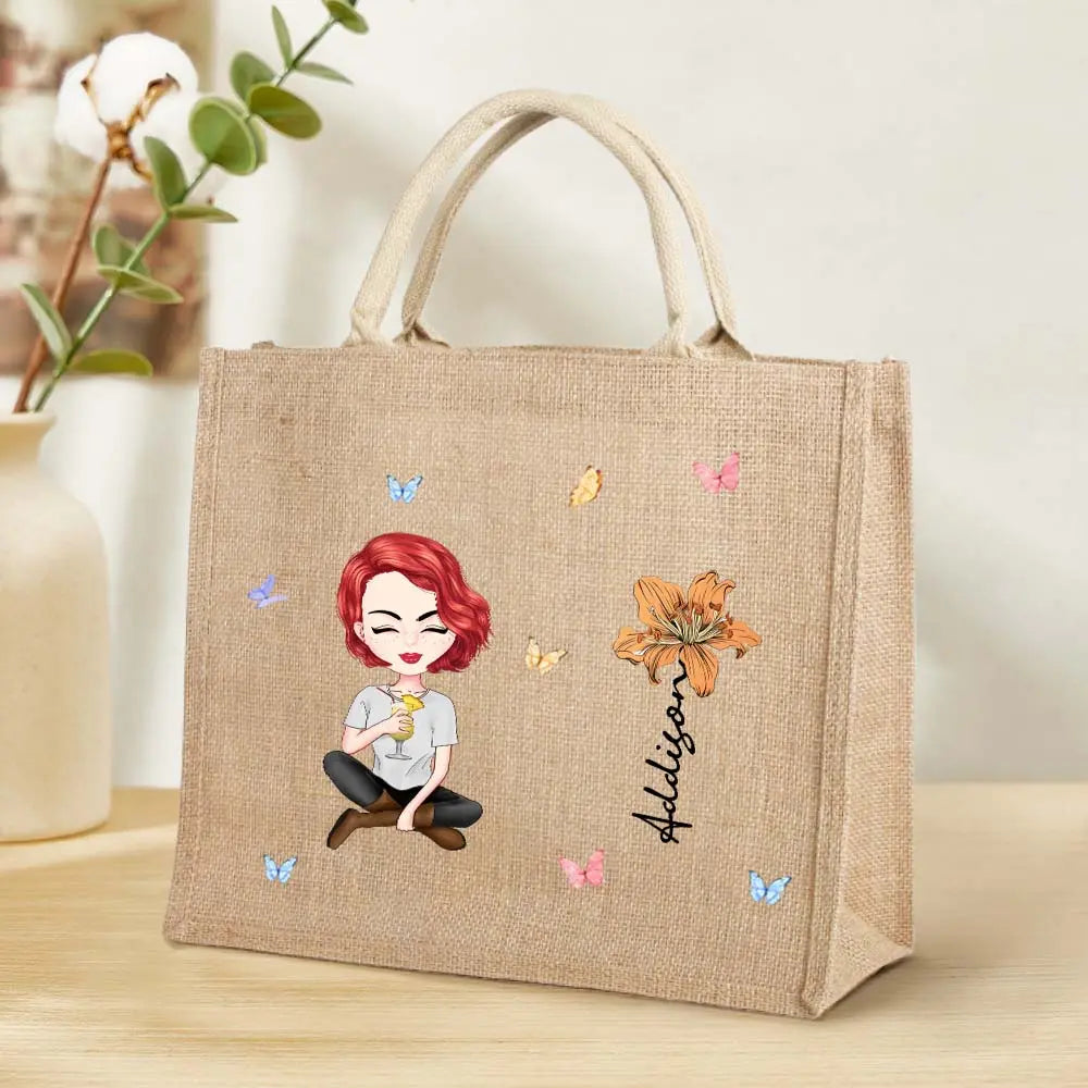 Personalized Cartoon Women Girl Birth Flower Grandma's Garden Jute Tote Bag with Name Wedding Birthday Gift for Her