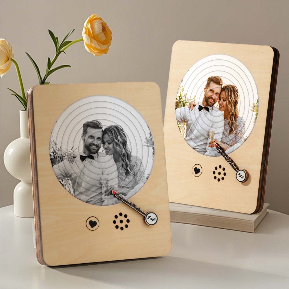 Personalized Photo Wooden Album Music Record Player Wedding Anniversary Gift for Couples