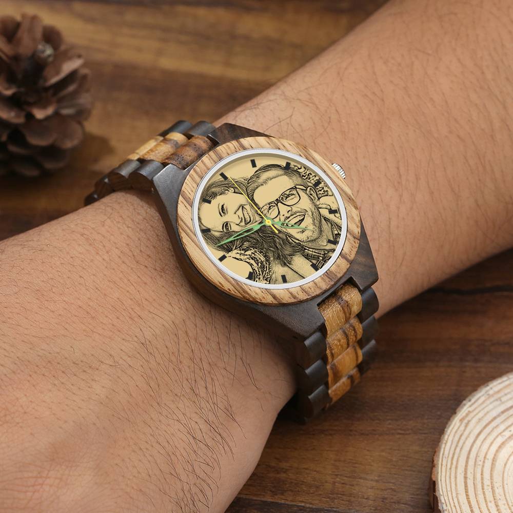 Custom Engraved Men's Wooden Photo Watch 45mm