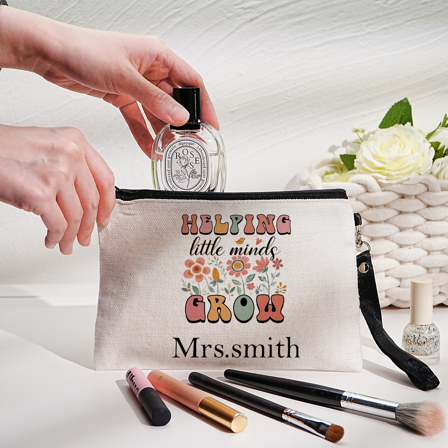 Personalized Flower Pencil Canvas Makeup Bag with Name Appreciation Back to School Gift for Teacher