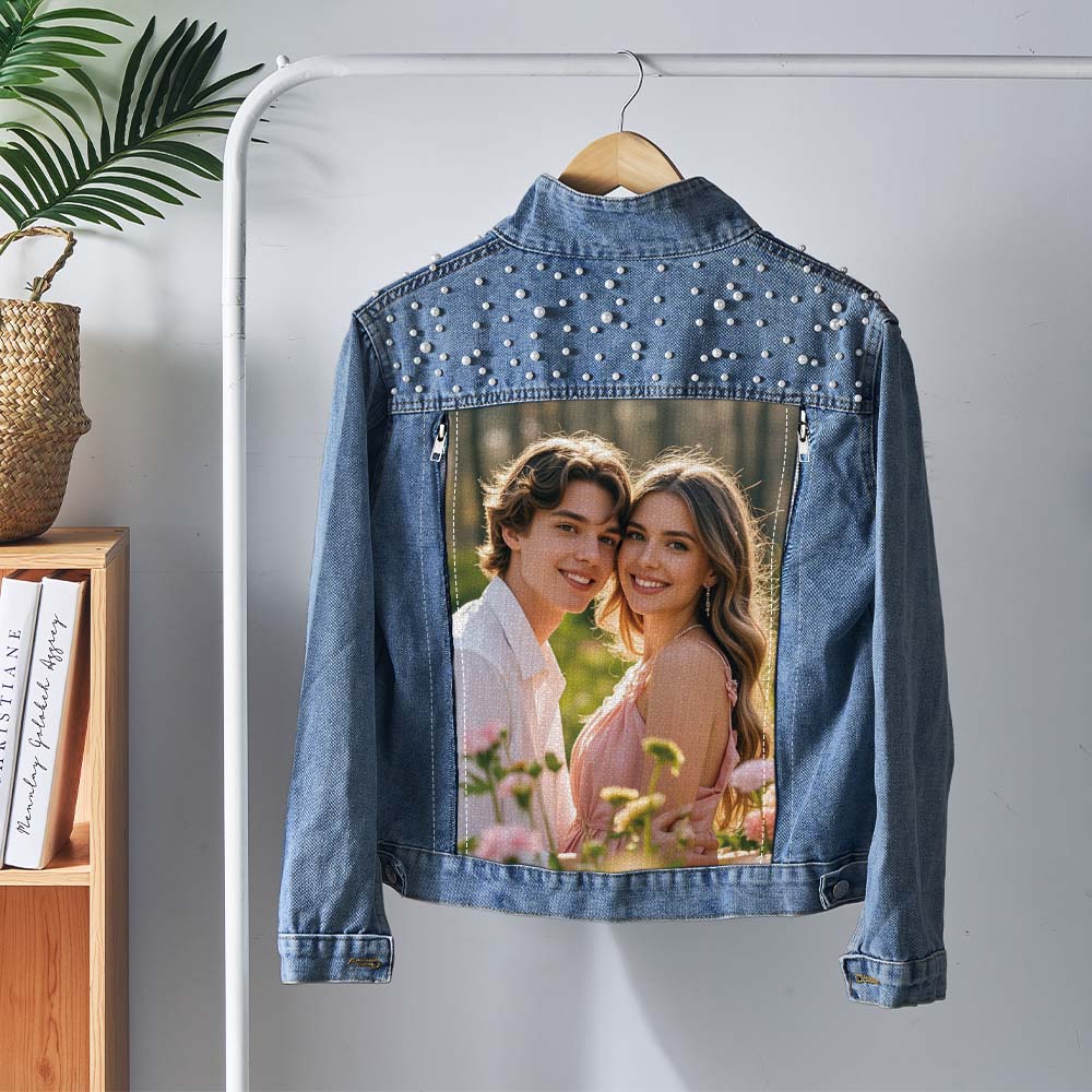 Custom Denim Jacket with Pearl Personalized Photo Jean Jacket Gift for Women