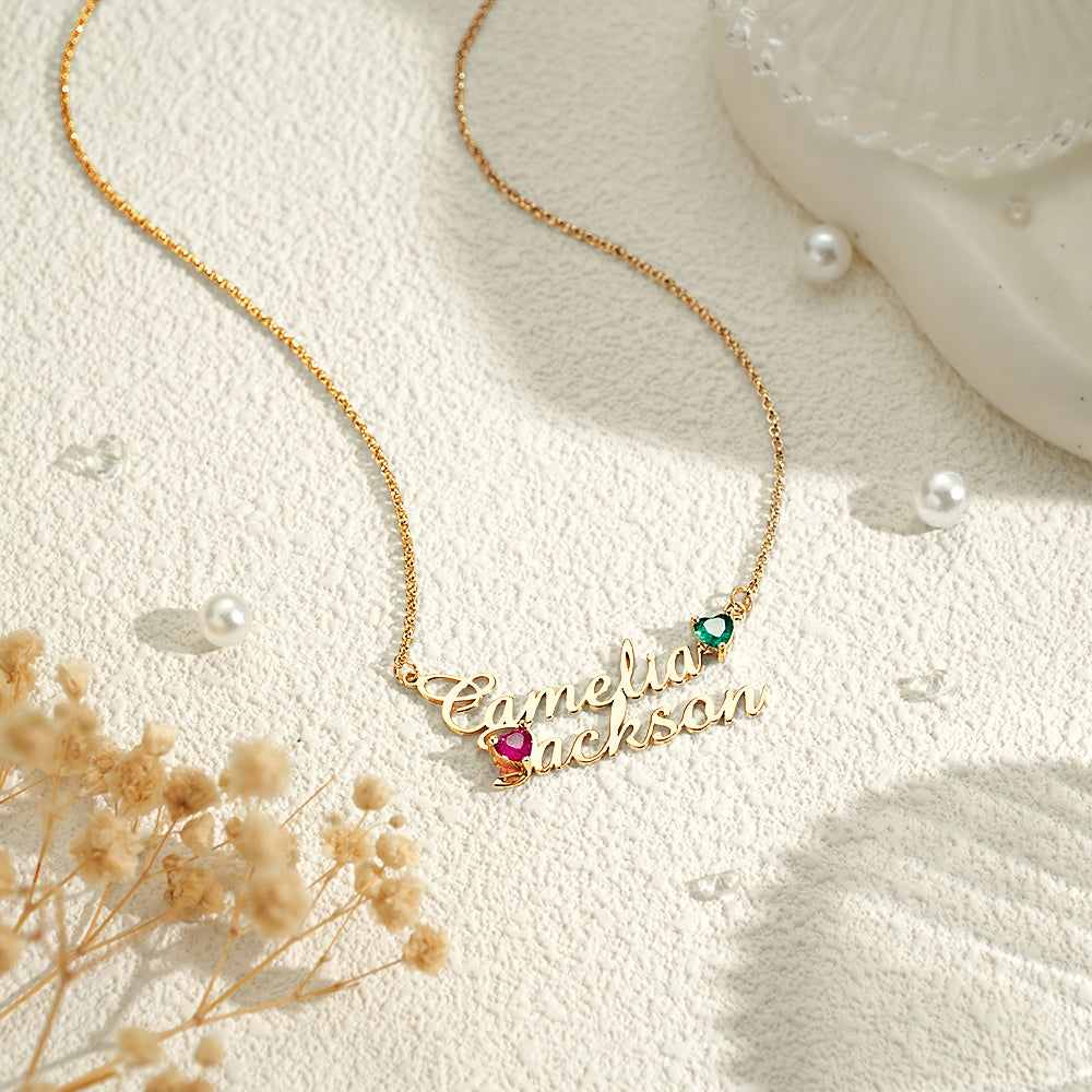 Personalized Double Name Necklace with Birthstones Jewelry Birthday Anniversary Gift for Her