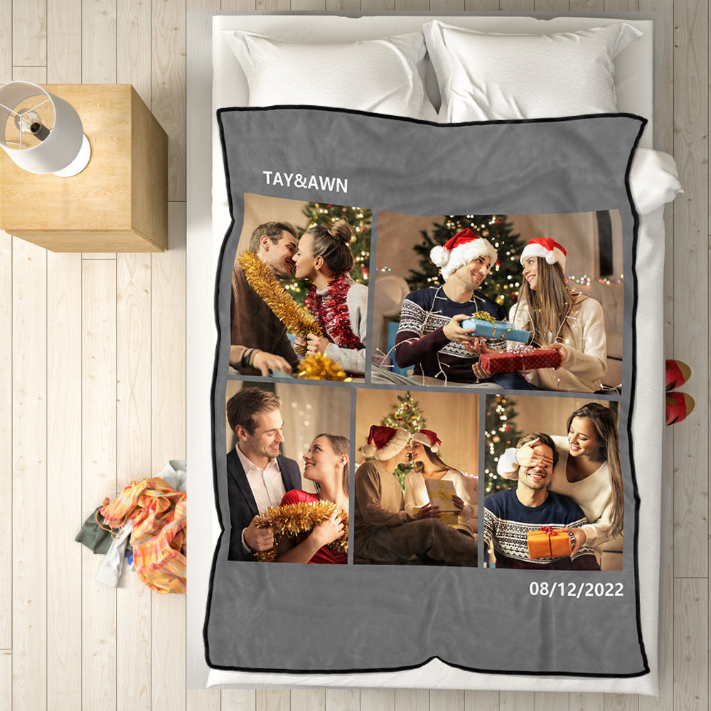 Personalised 5 Photos Fleece Blankets Custom Text Throw Couples Blanket