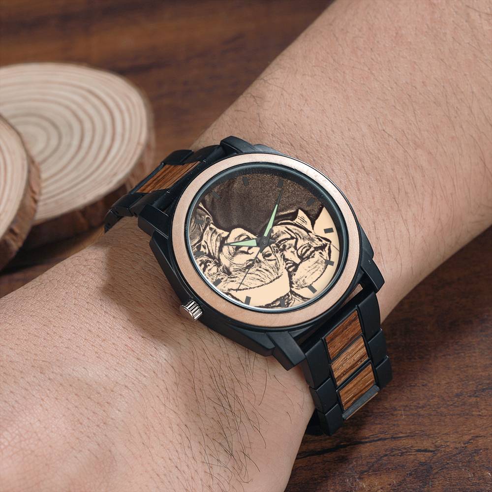 Personalized Engraved Photo Watch with Wood Strap 45mm