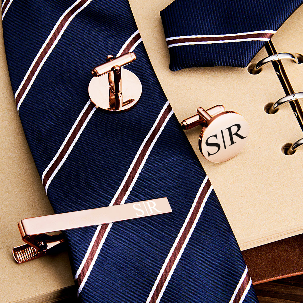 Personalized Engraved Tie Clip and Cufflinks Set with Wooden Box Wedding Gift for Men Groomsmen