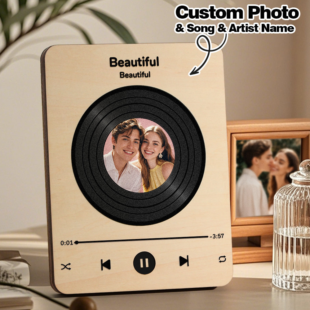 Personalized Photo Wooden Music Record Player Wedding Anniversary Gift for Couples