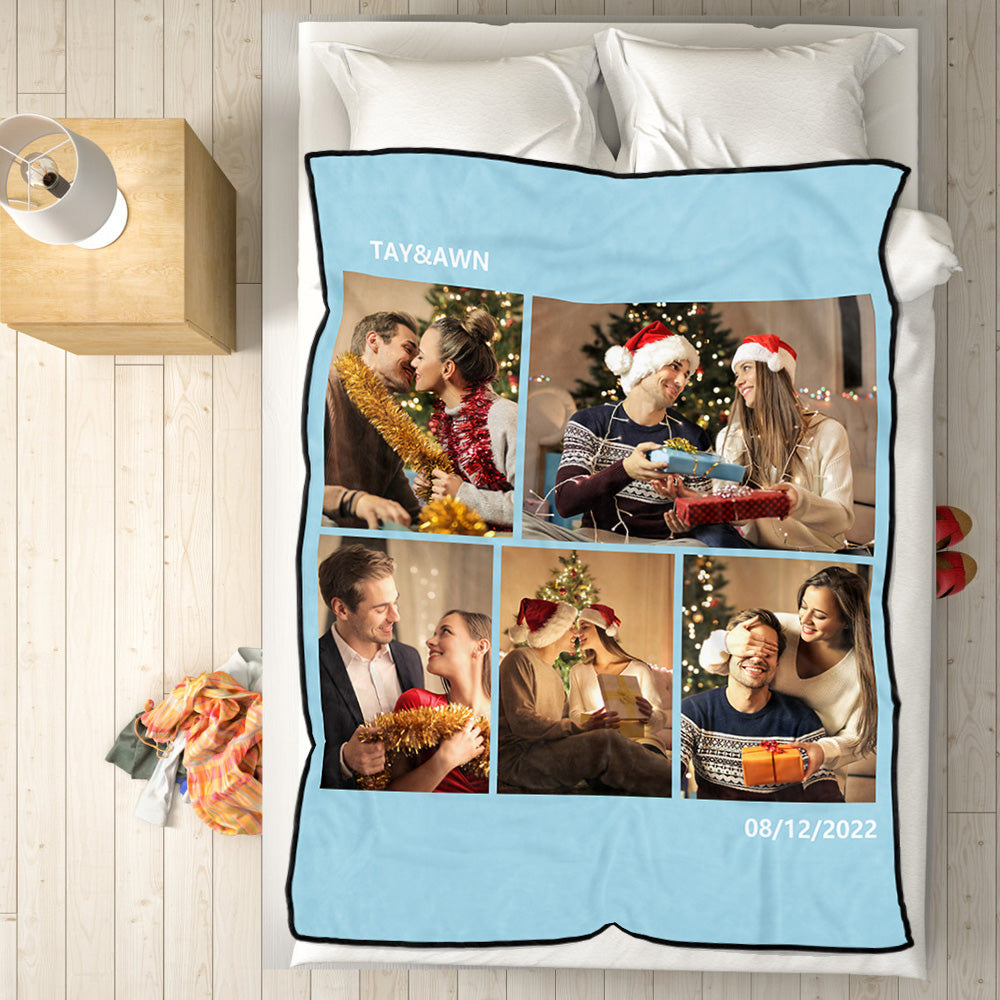 Personalised 5 Photos Fleece Blankets Custom Text Throw Couples Blanket