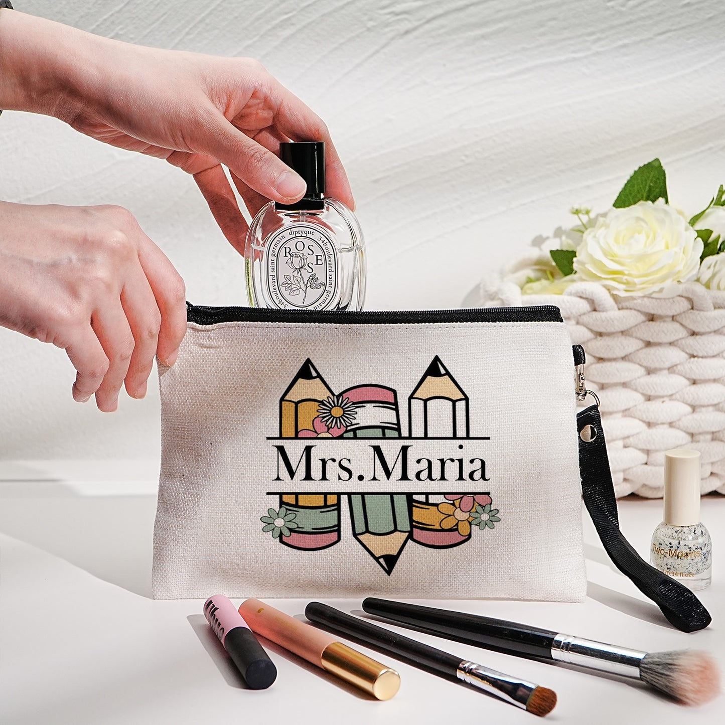 Personalized Flower Pencil Canvas Makeup Bag with Name Appreciation Back to School Gift for Teacher