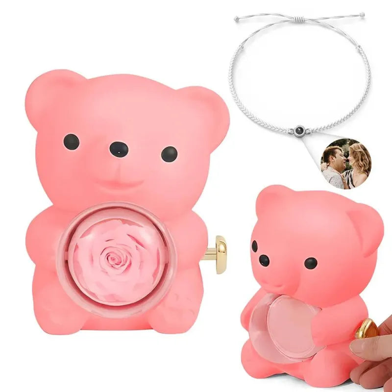 Personalized Photo Projection Bracelet with Rose Bear Giftbox Jewelry Sets Best Valentines Day Gift for Lover