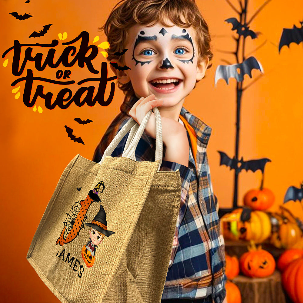 Personalized Cartoon Character Pumpkin Design Trick or Treat Candy Jute Tote Bag with Initial & Name Halloween Party Favors Gift for Kids