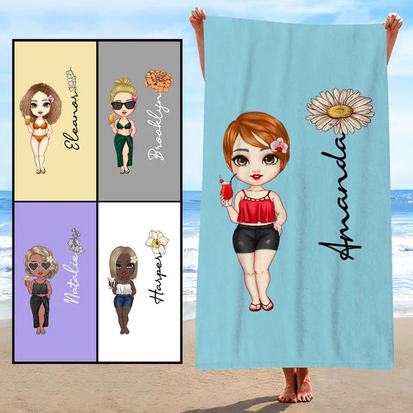 Custom Cartoon Women Girl Birth Flower Multicolor Beach Towel Personalized Name Vacation Beach Towel Gift for Friend