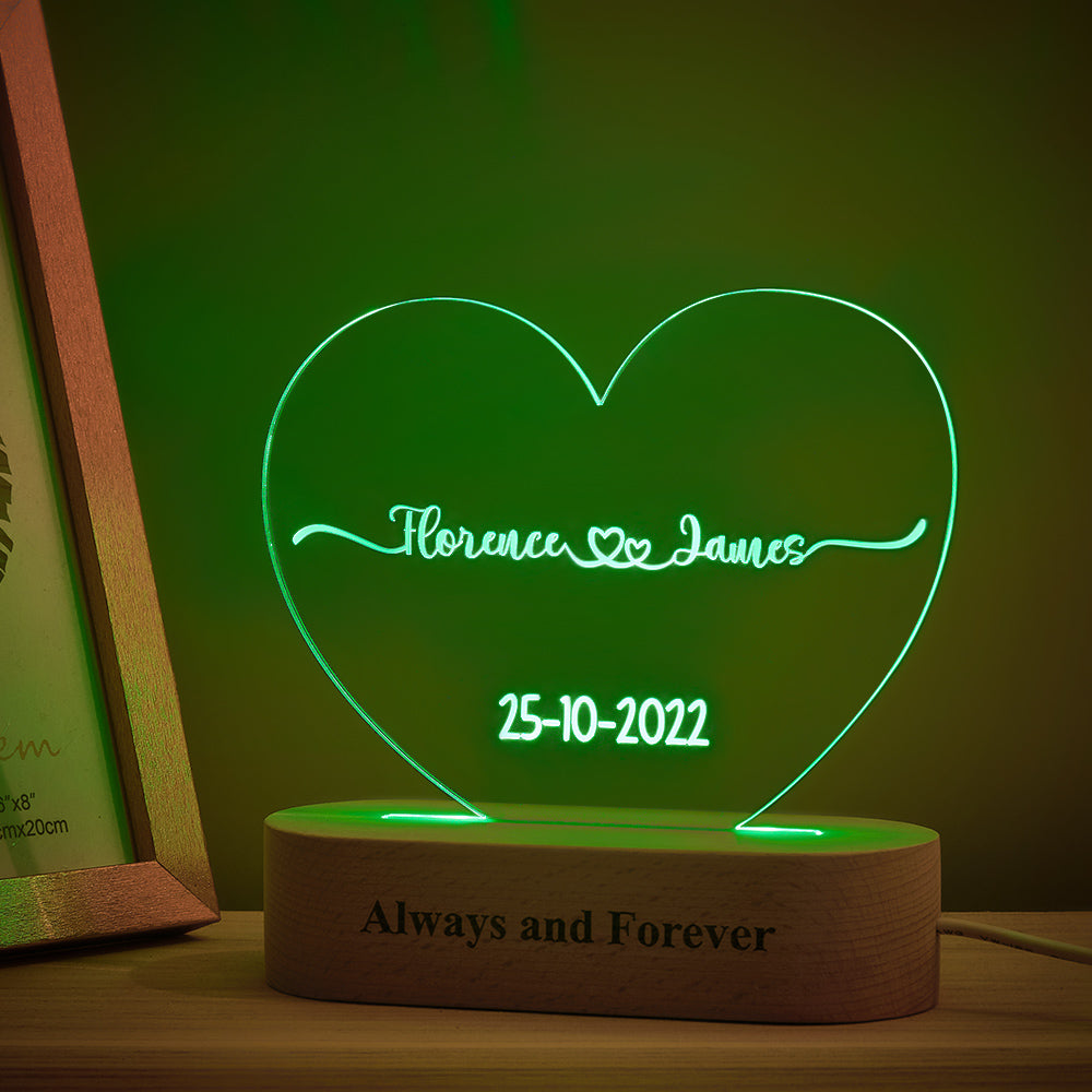 Heart Shaped Acrylic Plaque Personalized Name and Date Night Light