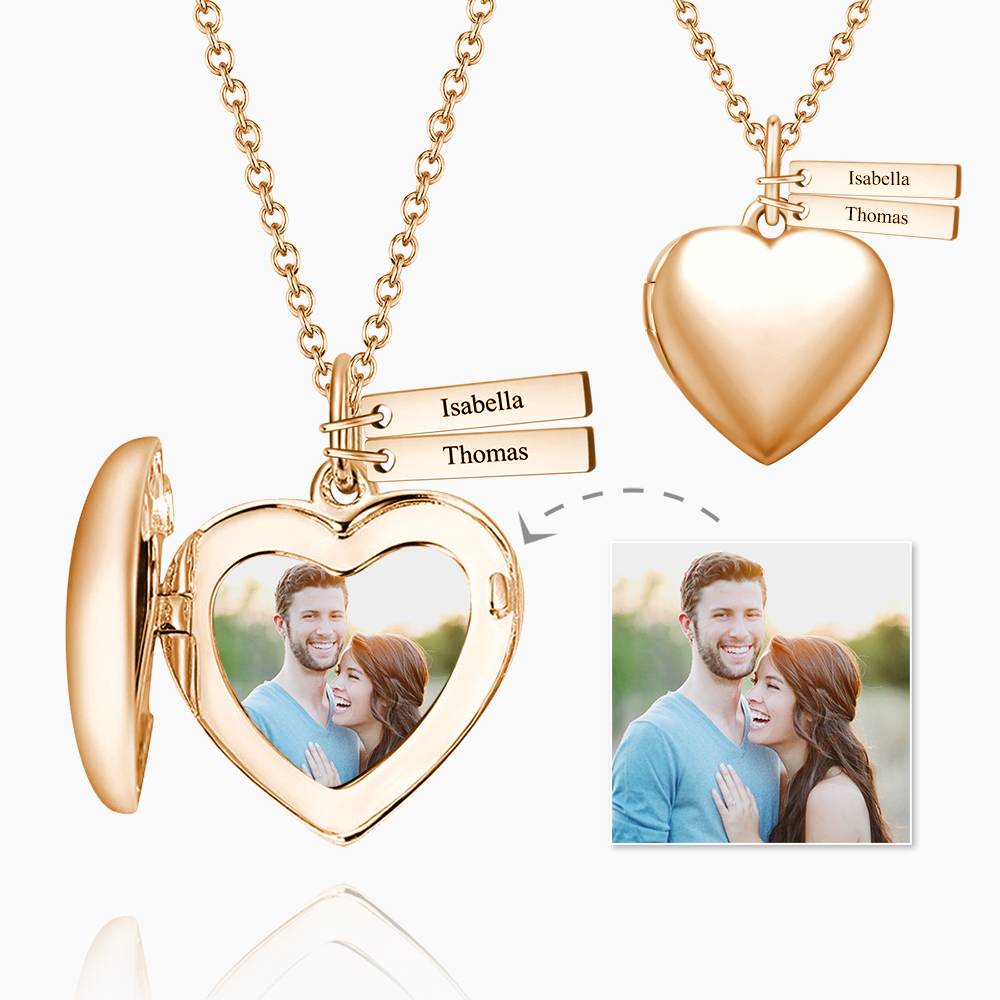 Custom Heart Photo Locket Necklace with Two Engraved Bars