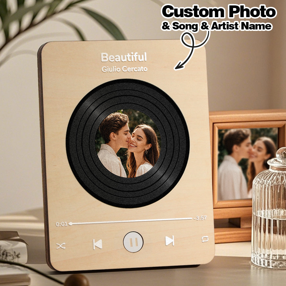 Personalized Photo Wooden Music Record Player Wedding Anniversary Gift for Couples