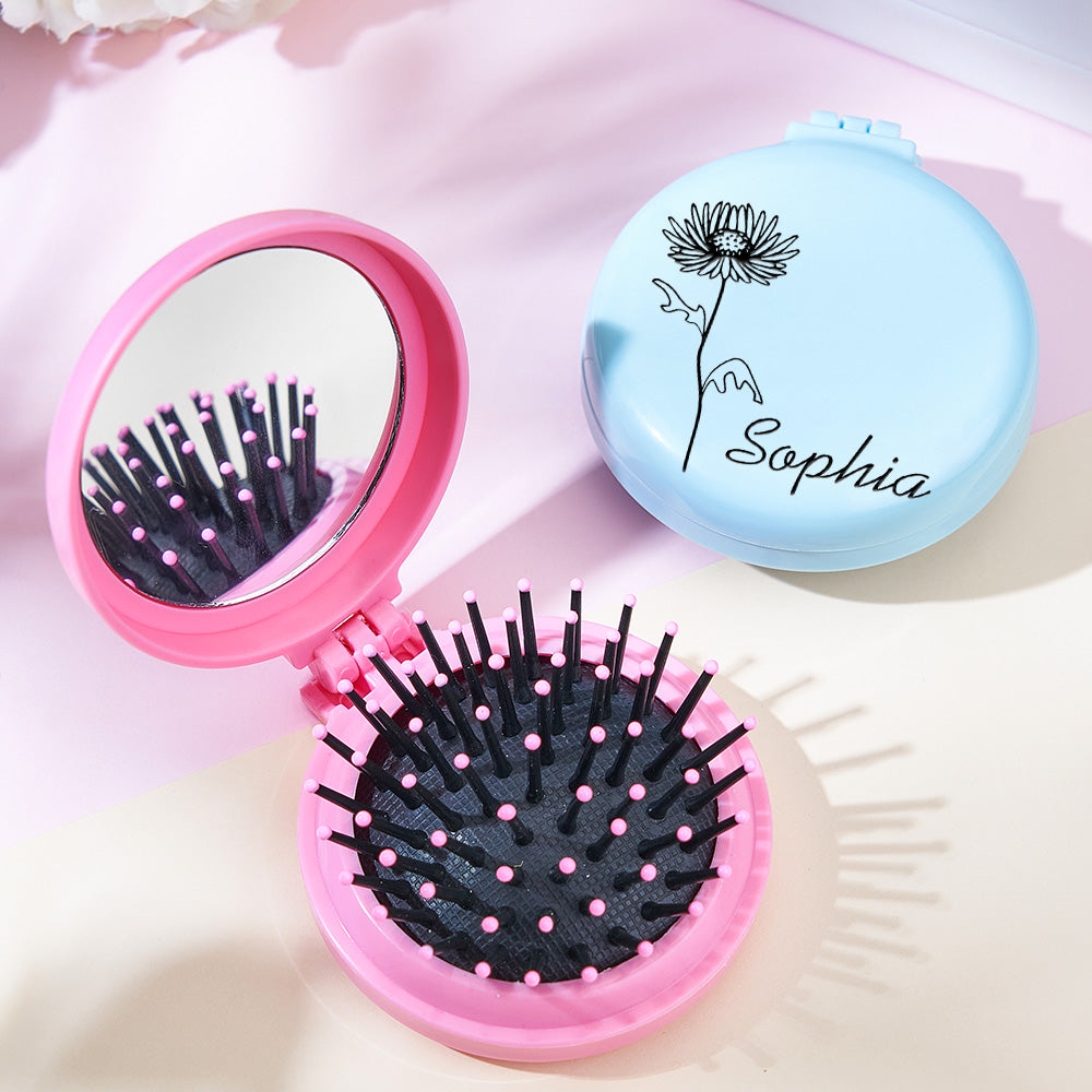 Personalized Foldable Mirror with Hair Brushes Mini Birth Flower Cushion Mirror Comb Gift for Her