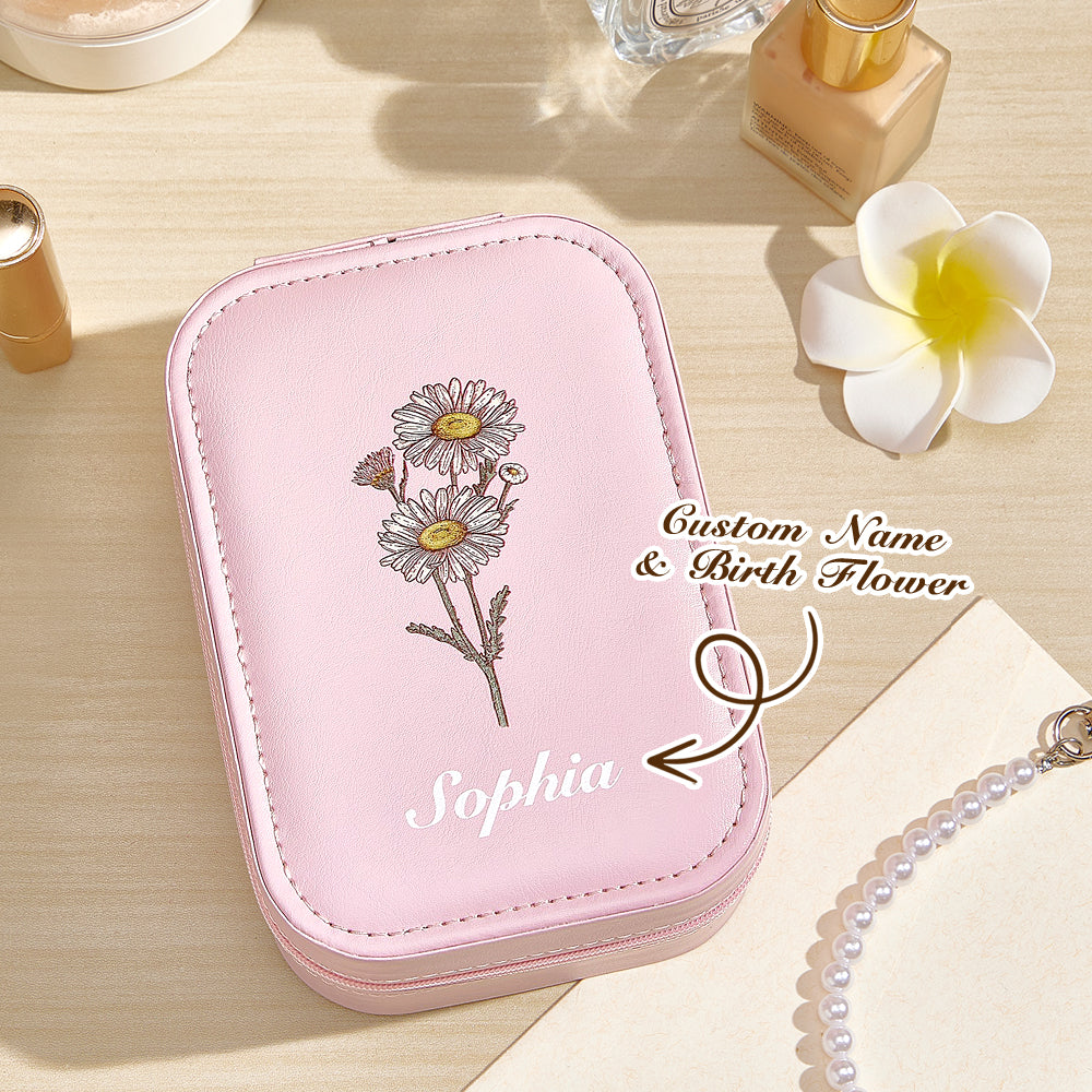 Personalized Birth Flower PU Leather Jewelry Box with LED Makeup Mirror Birthday Gift for Her