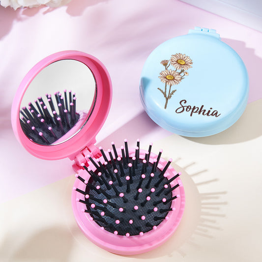 Personalized Cushion Mirror Comb Birth Flower Foldable Mirror with Hair Brushes Gift for Her