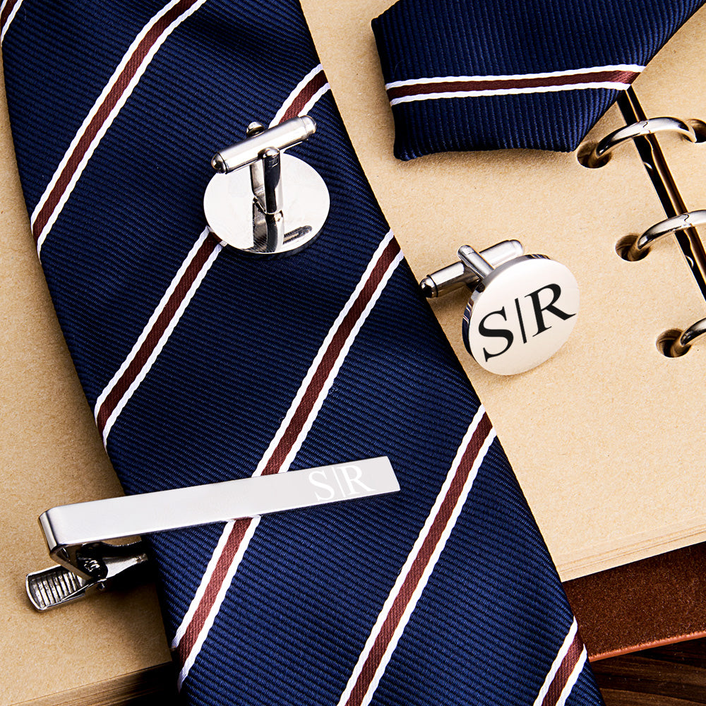 Personalized Engraved Tie Clip and Cufflinks Set with Wooden Box Wedding Gift for Men Groomsmen