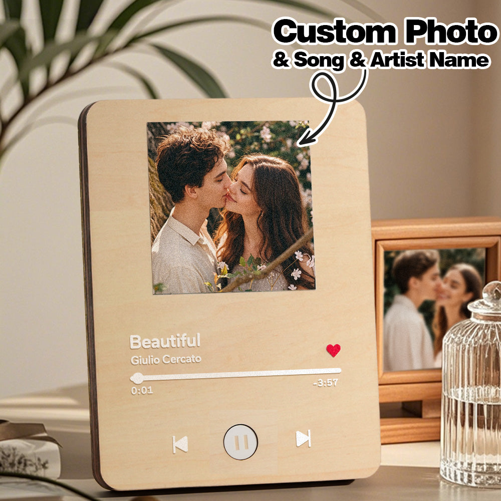 Personalized Photo Wooden Music Record Player Wedding Anniversary Gift for Couples