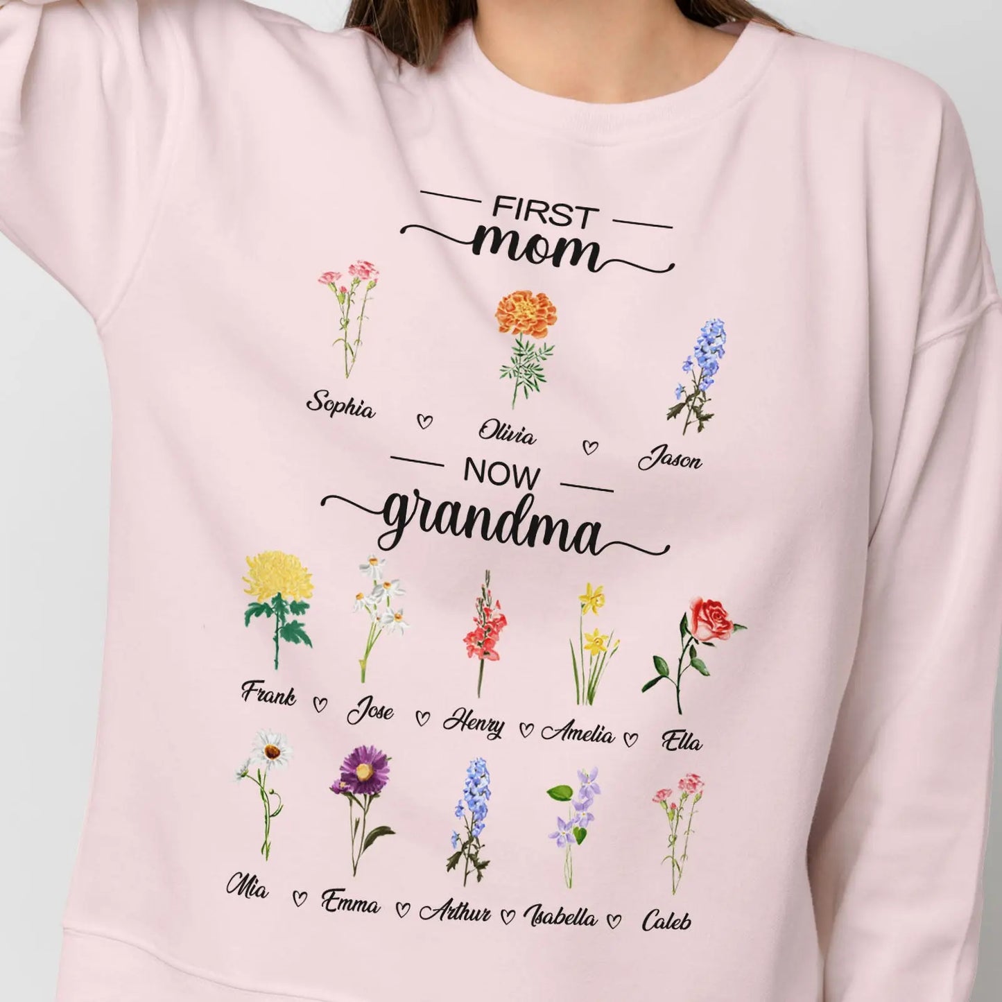 Personalized First Mom Now Grandma Sweatshirt Custom Birth Flowers Sweatshirts for Mother's Day Gift