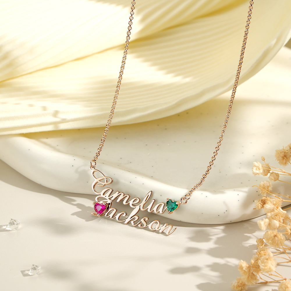 Personalized Double Name Necklace with Birthstones Jewelry Birthday Anniversary Gift for Her