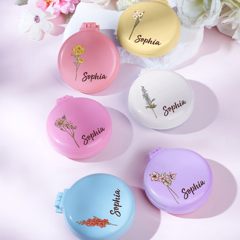 Personalized Cushion Mirror Comb Birth Flower Foldable Mirror with Hair Brushes Gift for Her