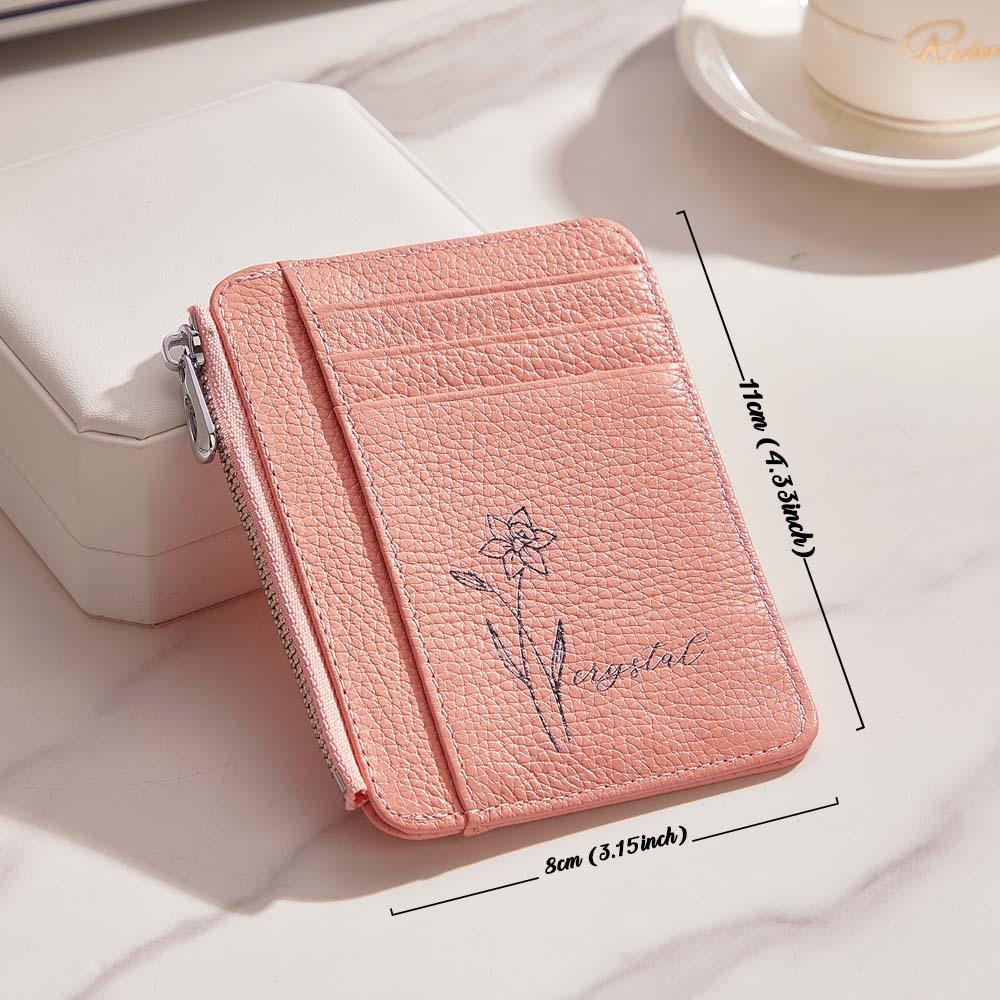 Personalized Birth Flower PU Leather Wallet with Name 8 Card Slots Wallet Birthday Gift for Her