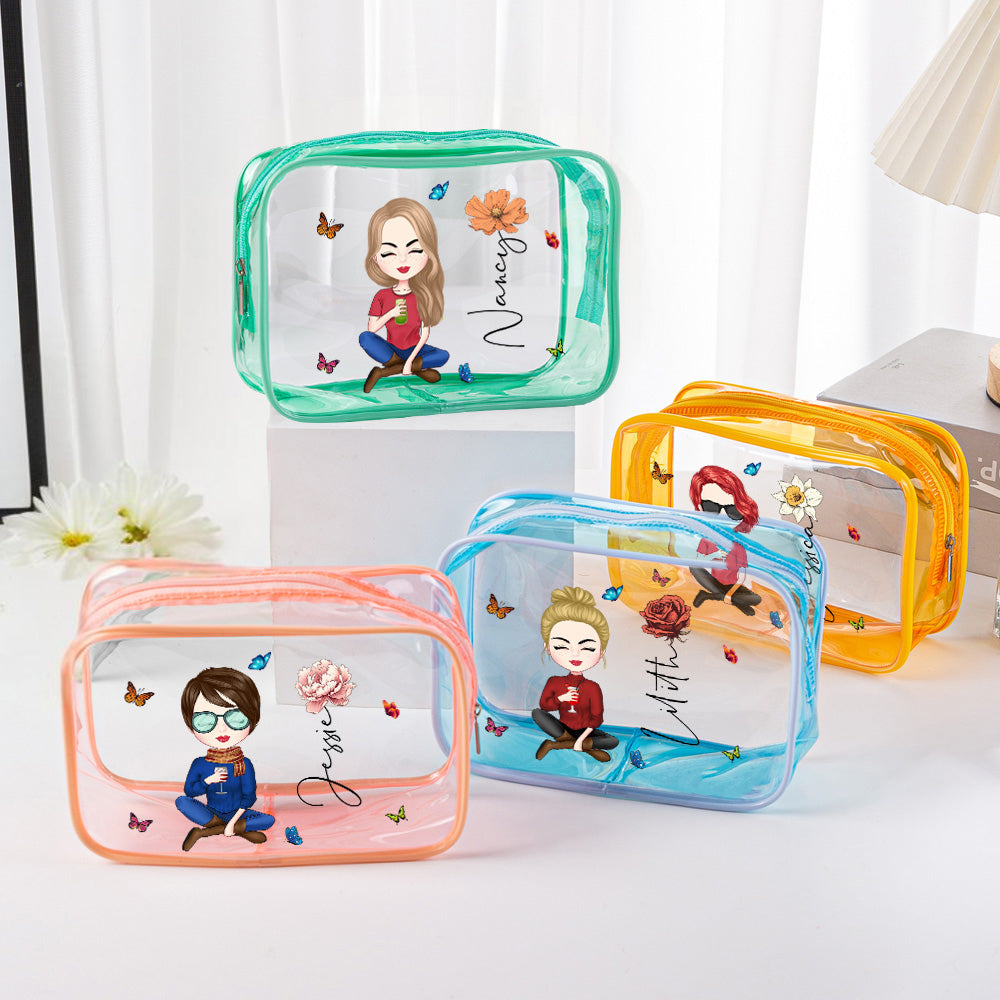 Personalized Cartoon Girl Birth Flower Clear Waterproof Makeup Bag with Name Birthday Gift for Her