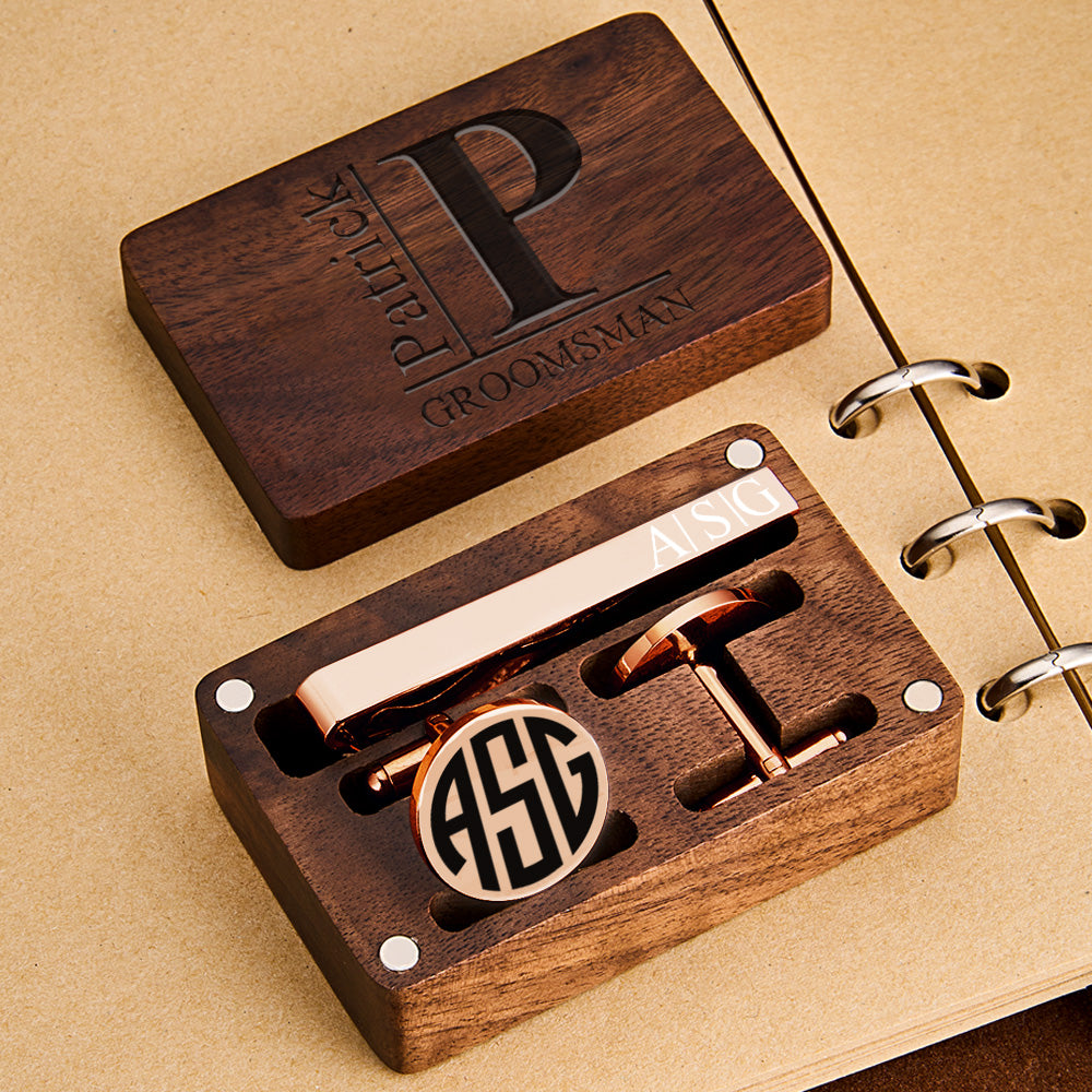 Personalized Engraved Tie Clip and Cufflinks Set with Wooden Box Wedding Gifts for Men