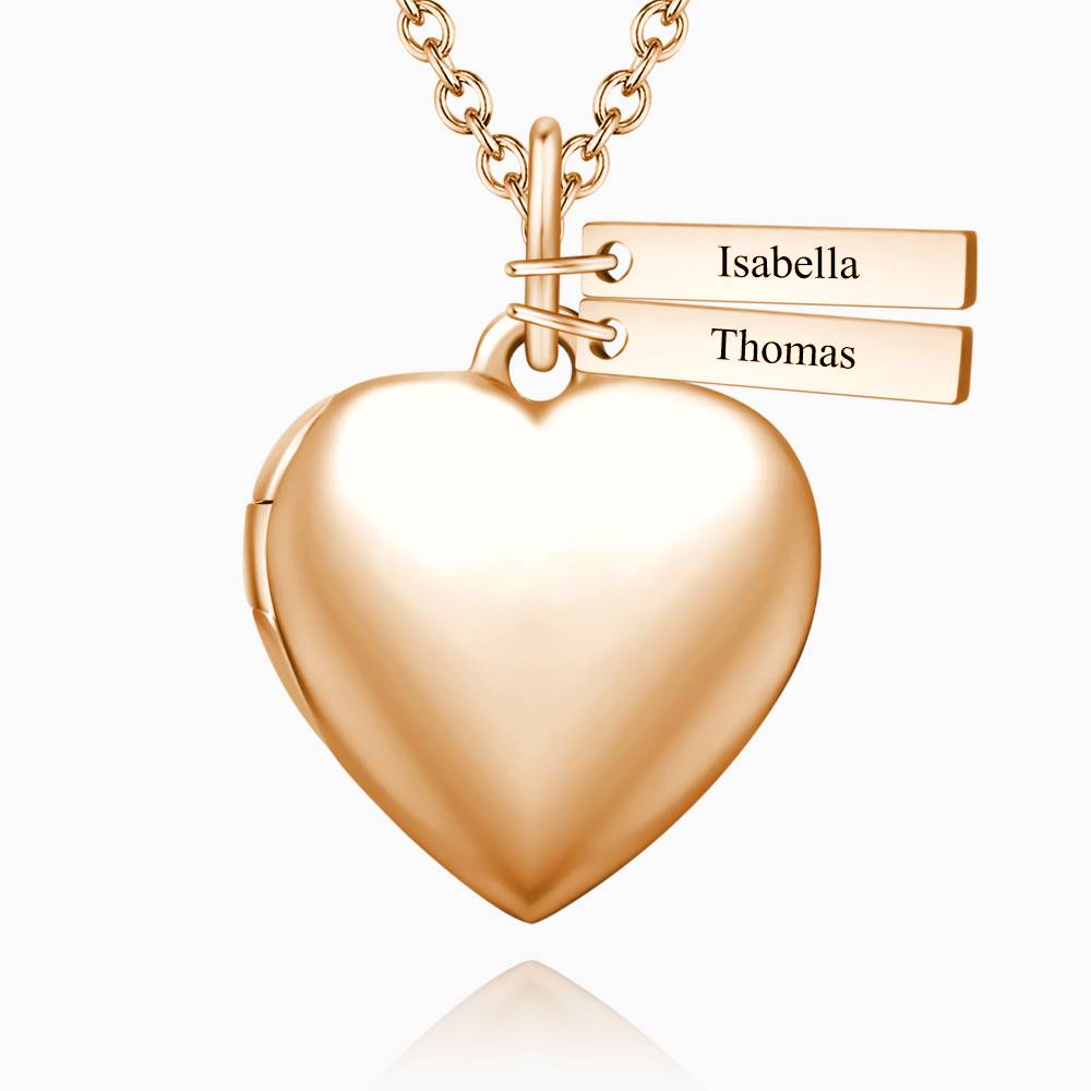 Custom Heart Photo Locket Necklace with Two Engraved Bars