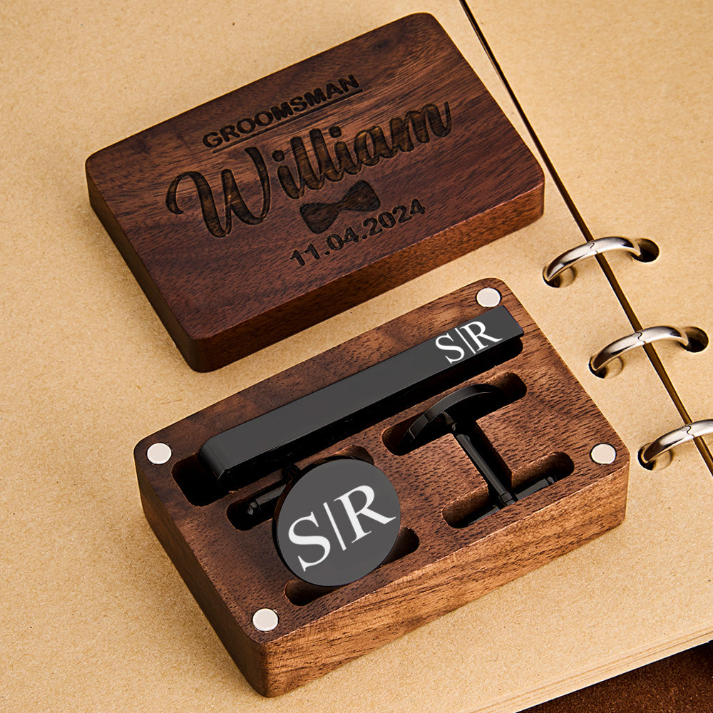 Personalized Engraved Tie Clip and Cufflinks Set with Wooden Box Wedding Gift for Men Groomsmen