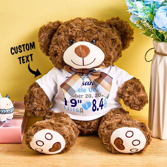 Personalized Bear Plush Stuffed Toy Birth Announcement Gift for Baby Shower