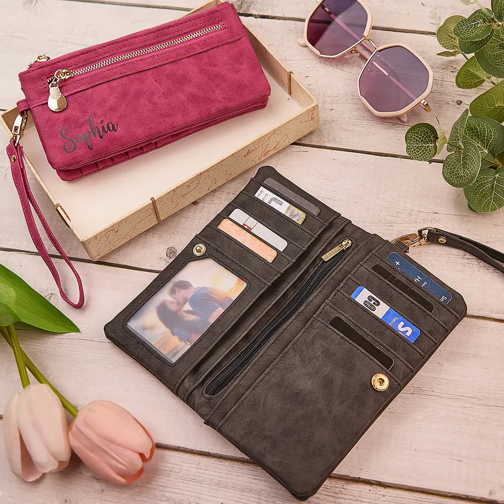 Personalized Leather Wallet with Wristlet Custom Text Wallet Birthday Bridesmaid Gift for Her