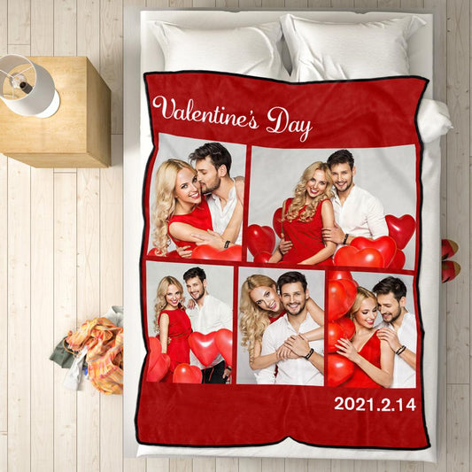 Personalised 5 Photos Fleece Blankets Custom Text Throw Couples Blanket