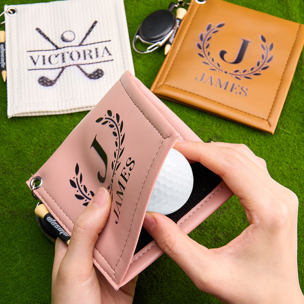 Personalized Text PU Leather Absorb Water Golf Towel with Golf Tees Retractable Clip Gift for Golf Lovers