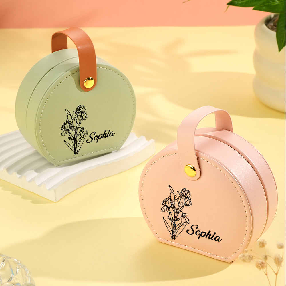 Personalized Birth Flower PU Leather Jewelry Box with Name Jewelry Box Gift for Her