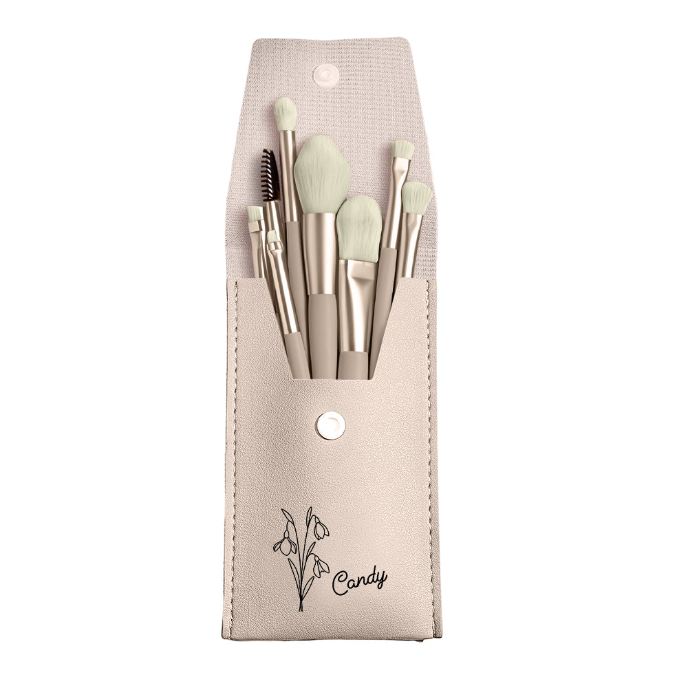 Personalized Birth Flower PU Leather Makeup Brush Bag with 8 Pcs Makeup Brushes Birthday Gift for Her