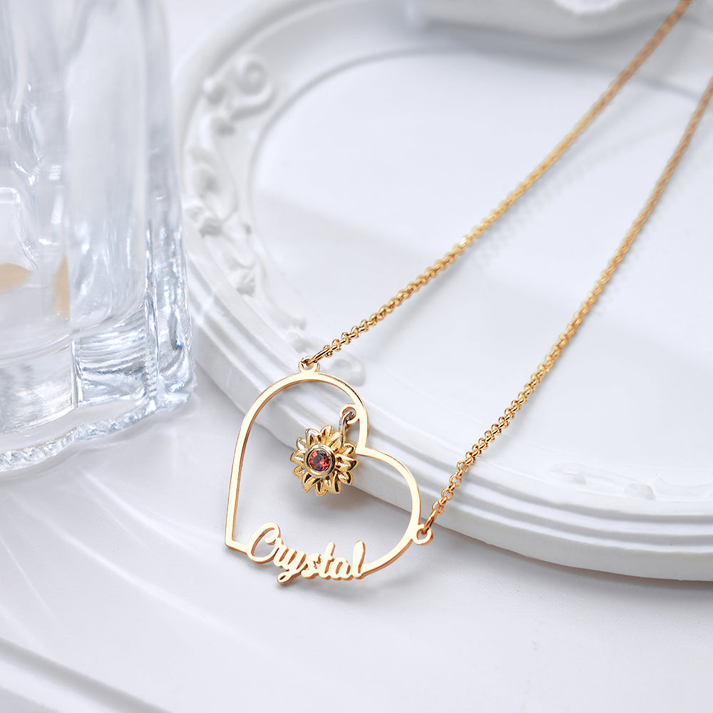 Personalized Heart-Shaped Sunflower Name Necklace with Birthstone Birthday Anniversary Gift for Her