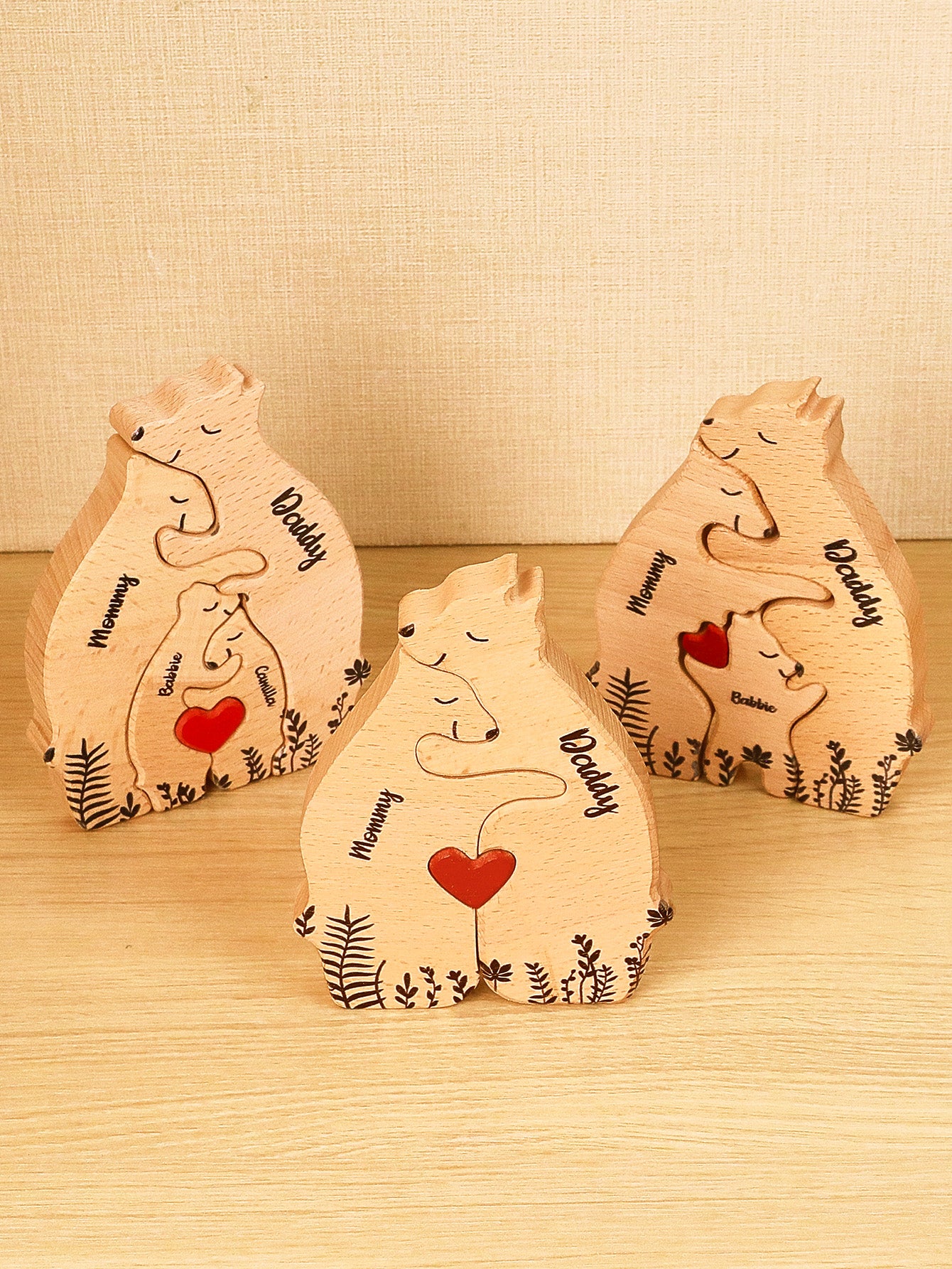 Custom Name Wooden Heart Bear Puzzle – Personalized Family Gift